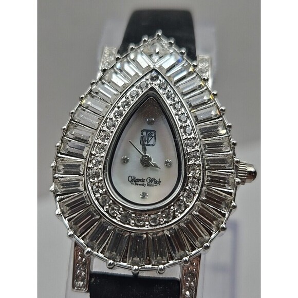 Victoria Wieck B6491 Teardrop Crystal MOP Dial Black Leather Watch New Battery main image 7